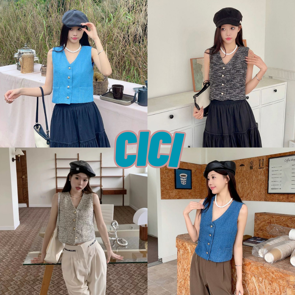 ส่งทันที Cici(NO. 3196)Vest Tops เสื้อกั๊กครอปแขนกุด กระดุมผ่ากลาง มีกิมมิคกระเป๋าทรงสวยม๊ากก