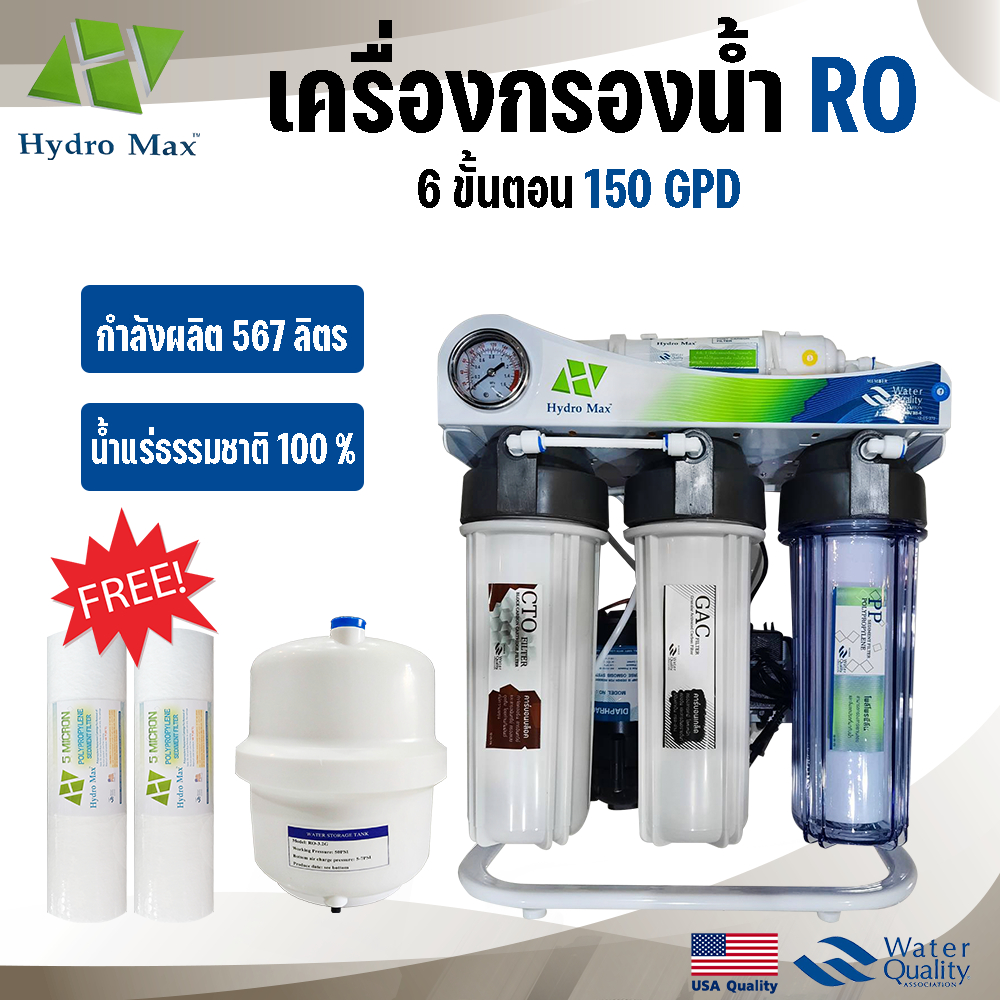 เครื่องกรองน้ำดื่ม เครื่องกรองน้ำแร่ 6 ขั้นตอน RO 150-200 GPD Hydromax ไส้กรองน้ำ PP Carbon  Resin  Gac Inline  Gac Post