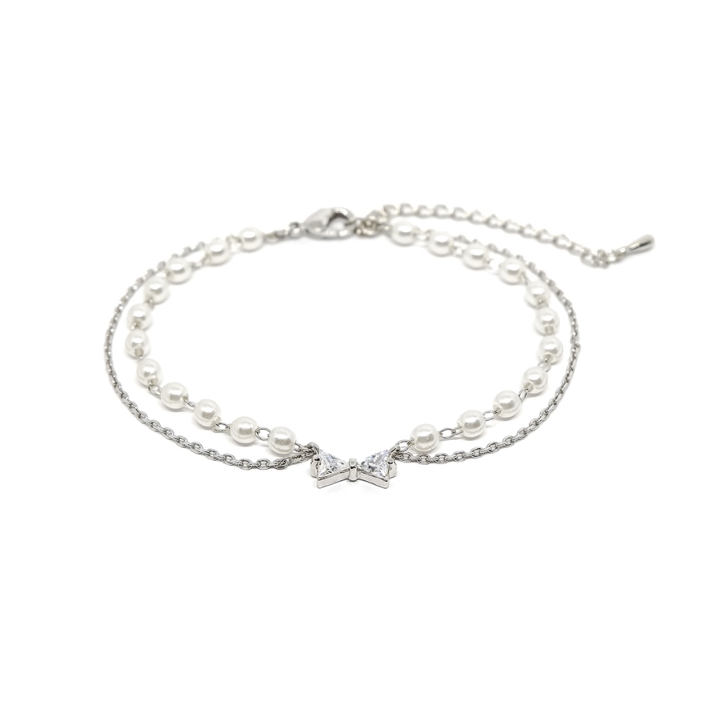 Fyne Fories On Your Wishlist Bracelet ♡ สร้อยข้อมือโบว์ zirconia สายมุกและสร้อยสีเงิน ♡ fynefories