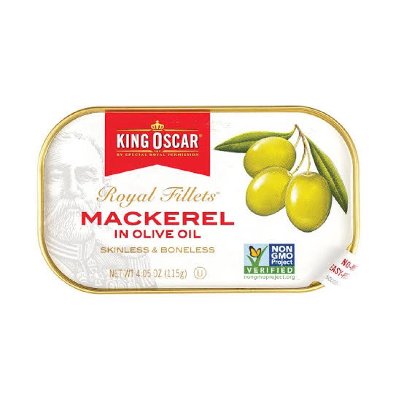 King oscar mackerel in olive oil 115g. ปลาแม็คเคอเรลในน้ำมันมะกอก นำเข้าจากนอร์เวย์
