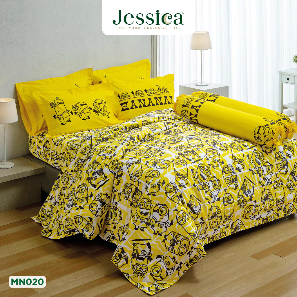 (ผ้าปูที่นอน) Jessica Cotton mix ลายการ์ตูนลิขสิทธิ์มินเนียน MN020 ชุดเครื่องนอน ผ้าห่มนวมครบเซ็ต ผ้าปูที่นอน เจสสิก้า