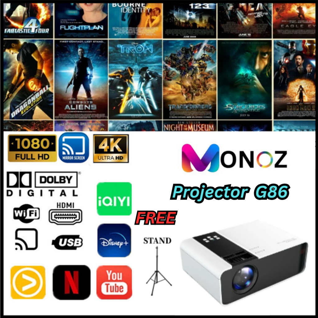 MONOZ  [Projecter G86] 6000 Lumens Android Mini Projector โปรเจคเตอร์ HD WIFI LCD LED Projector โฮมเธียเตอร์