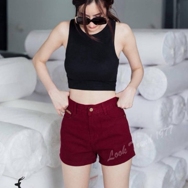 🔥S-42 กางเกงยีนส์ขาสั้นเอวสูงสีแดงเลือดนก