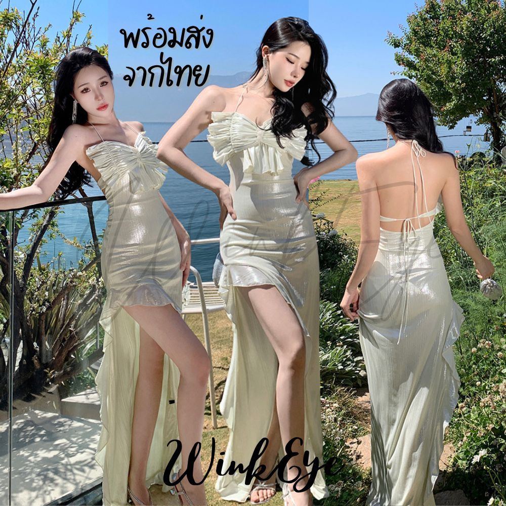 (Dress5-204)พร้อมส่งจากไทย Shiny Green Silk เดรสผ้าไหมเงาอกโบว์ ผูกหลัง ผ่าข้าง เซ็กซี่มาก หุ่นเอวเอส ชุดเที่ยว
