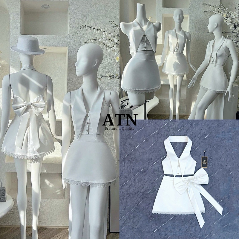 ชุดset 3ชิ้น สีขาวออฟไวท์้ เสื้อคอปกเว้าหลัง ATN