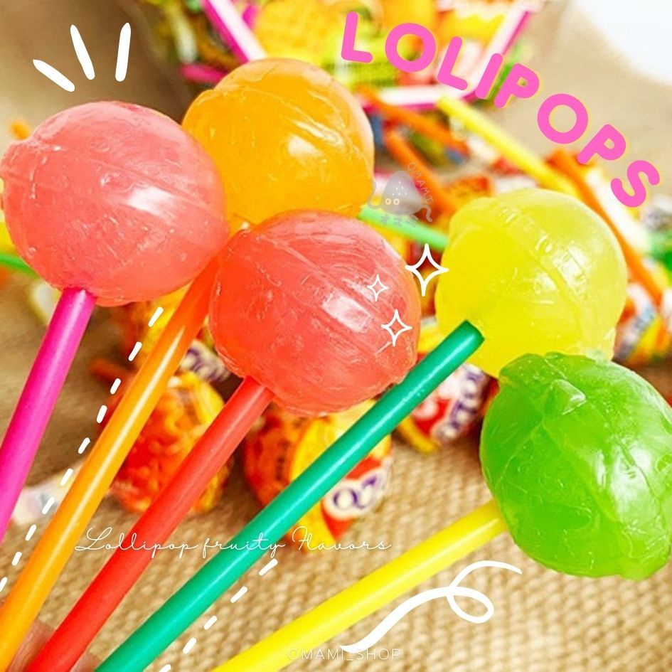 Sale Fruity lollipops อมยิ้มผลไม้ 5 รสชาติ (1ชิ้น/8กรัม) ก้านสีสัน น่ารัก ตัวลูกอมได้รสชาติน้ำผลไม้เต็มๆลองแล้วจะติดใจ