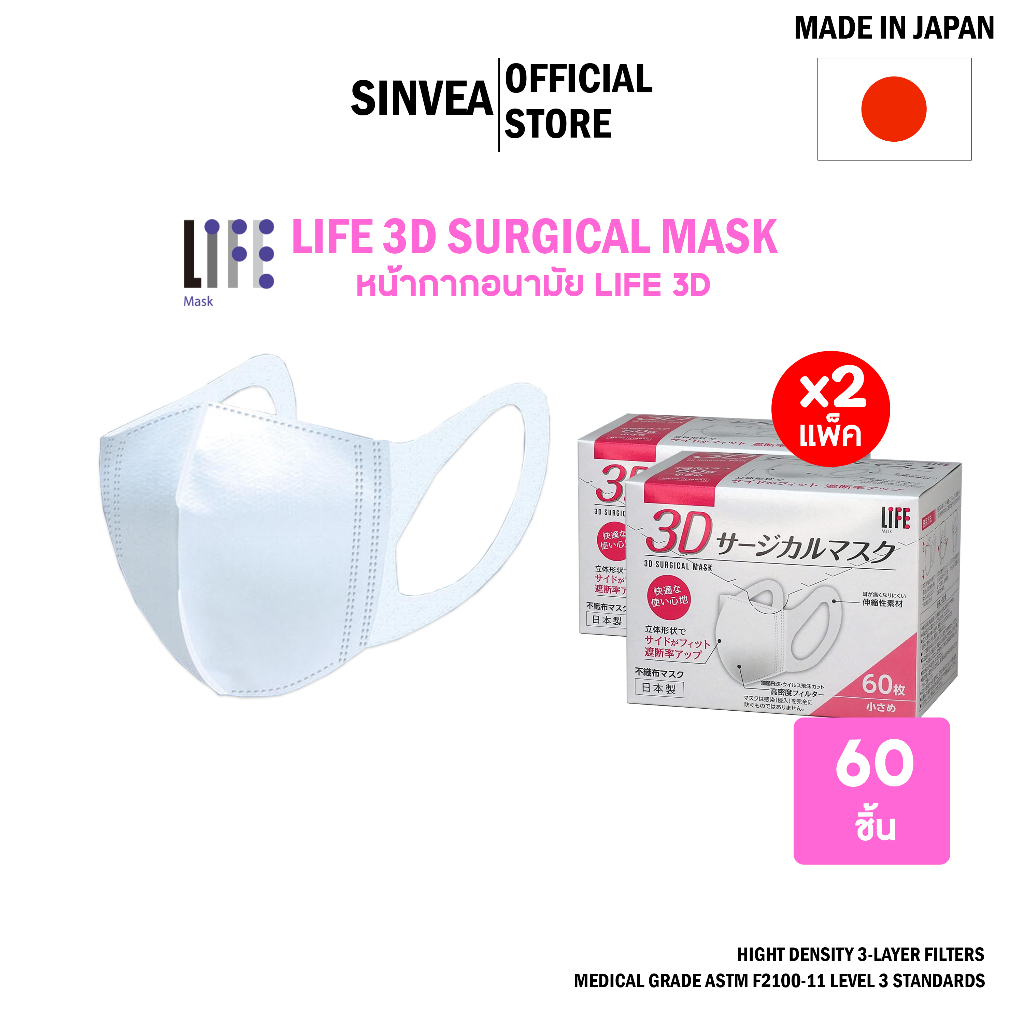 [2 แพ็ค] Life 3D SURGICAL MASK หน้ากากอนามัยผู้หญิงและเด็ก แบบกล่องบรรจุ 60ชิ้น (MADE IN JAPAN)