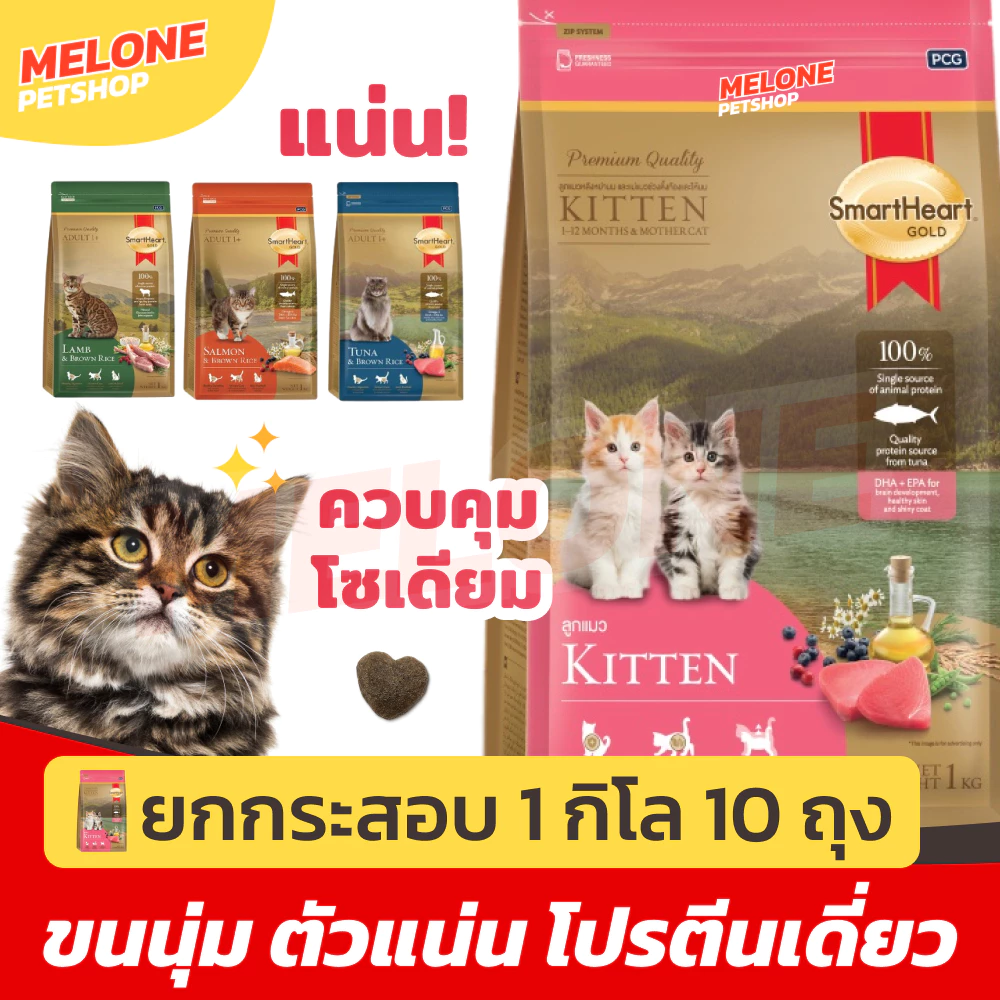 [ยกกระสอบ สุดคุ้ม!] Smartheart Gold สมาร์ทฮาร์ท โกลด์ อาหารแมว ลูกแมว แกะ ทูน่า แซลมอน ข้าวกล้อง 1kg x 10 ถุง