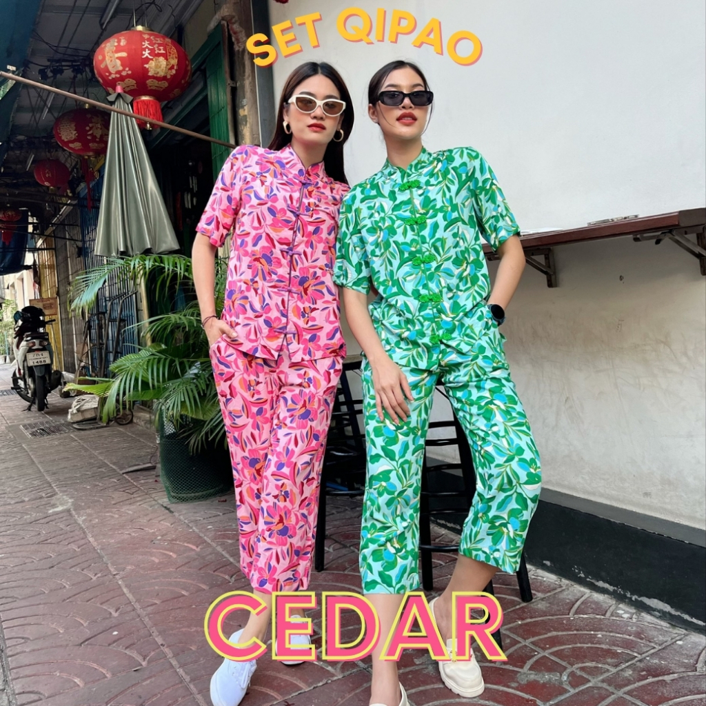 THONGYOY-Set qipao Cedar ชุดกางเกงคอจีนกี่เพ้าลายดอกสีหวาน ชุดตรุษจีนผ้านิ่มใส่สบาย