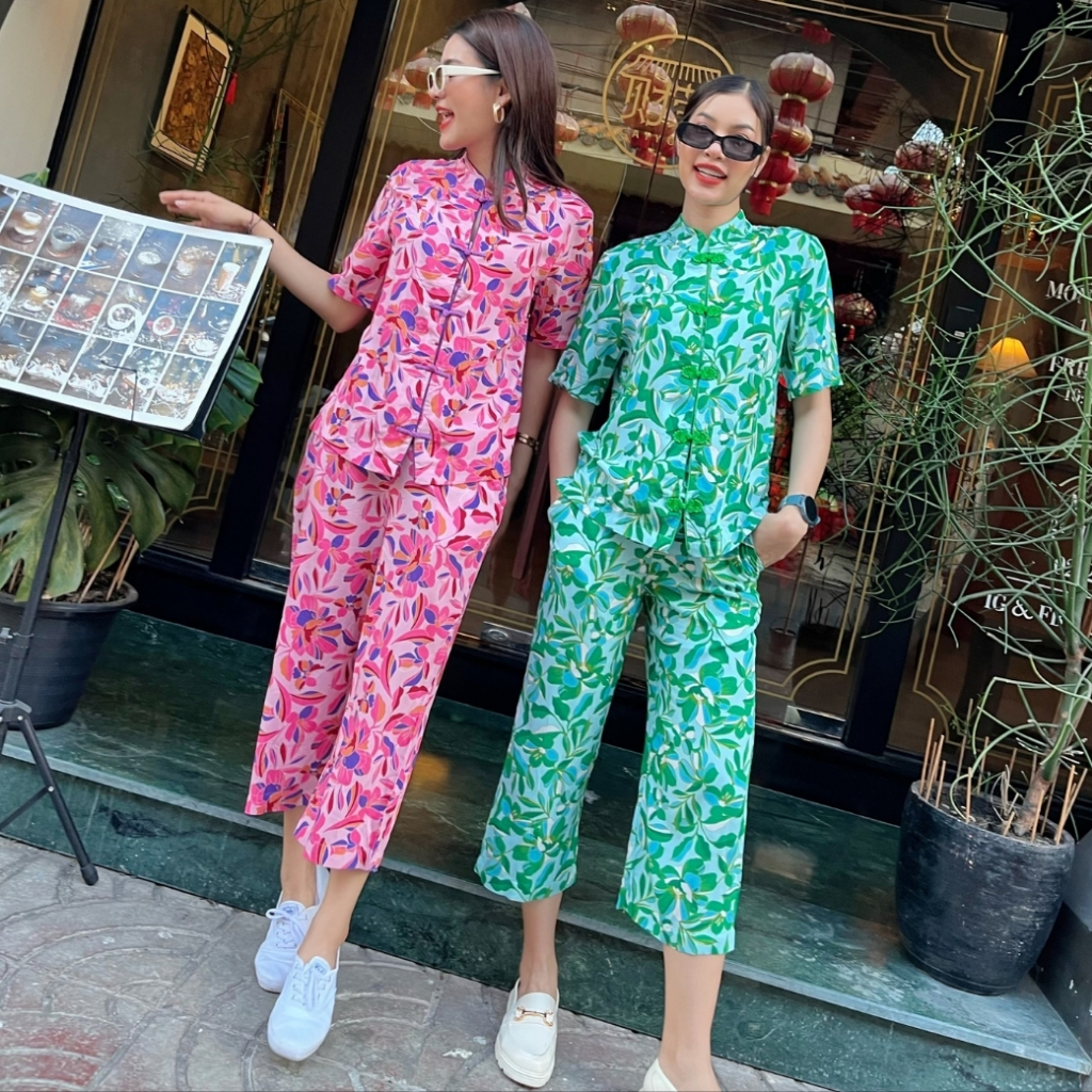 THONGYOY-Set qipao Cedar ชุดกางเกงคอจีนกี่เพ้าลายดอกสีหวาน ชุดตรุษจีนผ้านิ่มใส่สบาย