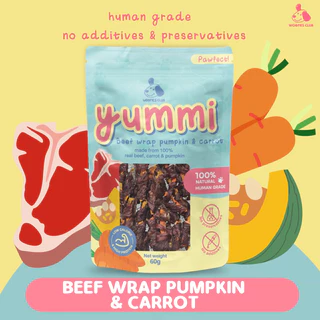 ขนมสุนัข เนื้อวัวพันแครอทและฟักทอง YUMMI ขนมเพื่อสุขภาพ ทำจากเนื้อและผัก 100%