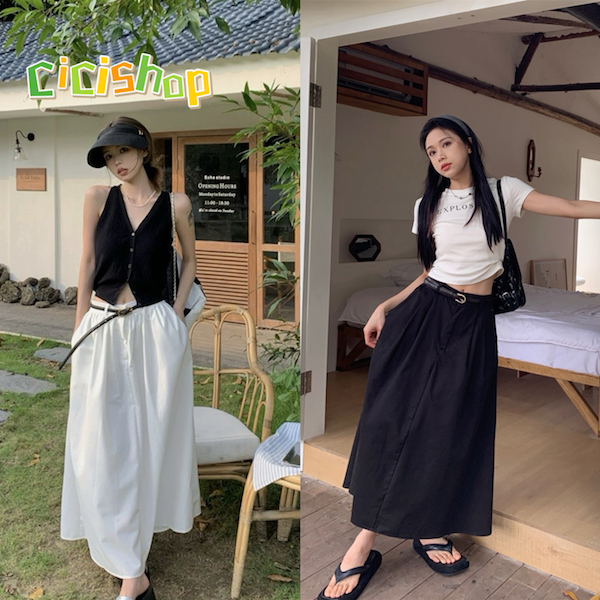Cicishop(509)กระโปรงยาว ดีเทลด้านหลังเป็นสม๊อก กระดุมด้านหน้า ใส่แล้วหวานเวอร์สไตล์เกาหลี