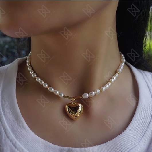 สร้อยไข่มุกแท้พร้อมจี้รูปหัวใจชุบทอง14k