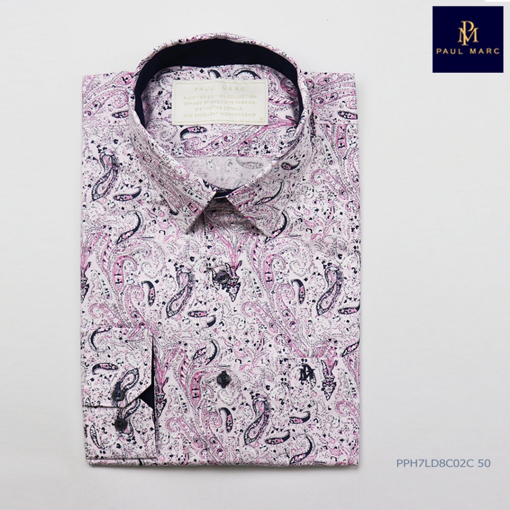 เสื้อเชิ้ตลายพิมพ์ PAISLEY เพสลี่ แขนยาว พื้นชมพูอ่อน slim fit ผ้านุ่มพิเศษ PPH7LD8C02C