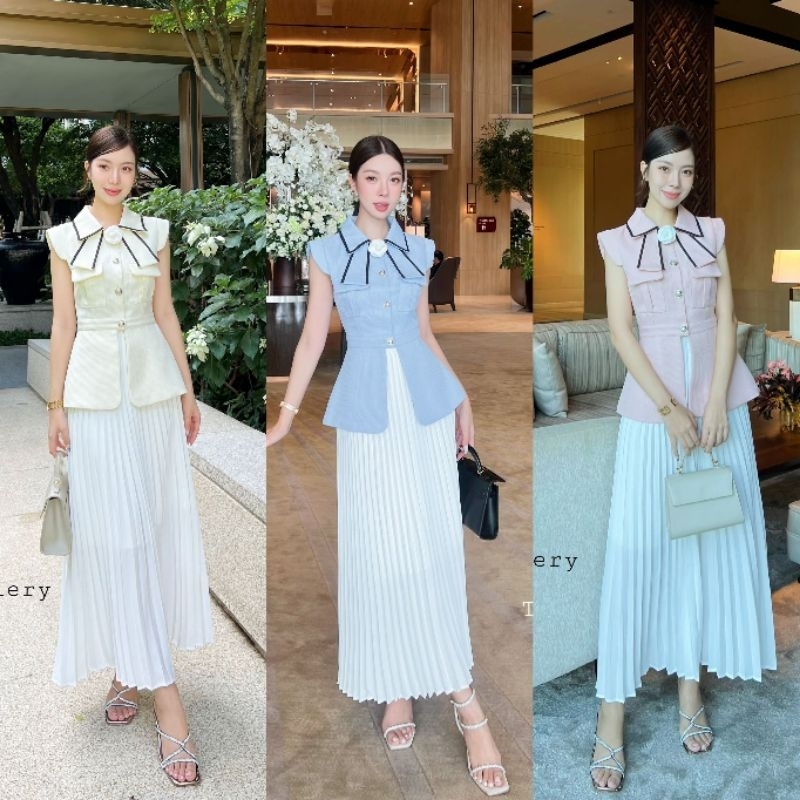 [พร้อมส่ง สีชมพู ครีม ครบไซส์ ] / The gallery ชุดเซ็ตเสื้อกระโปรงพลีทออกงานเรียบหรู