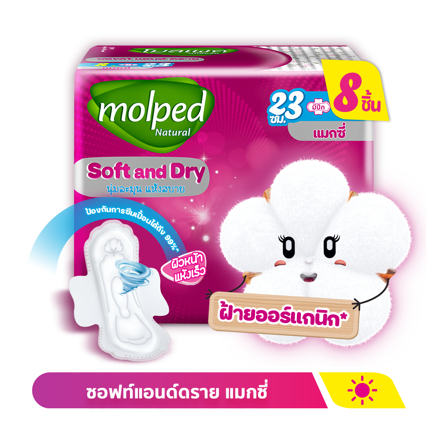 Molped โมลเพด ซอฟท์แอนด์ดราย แมกซี่ ผ้าอนามัย สำหรับกลางวัน แบบมีปีก 23 ซม. จำนวน 8 ชิ้น
