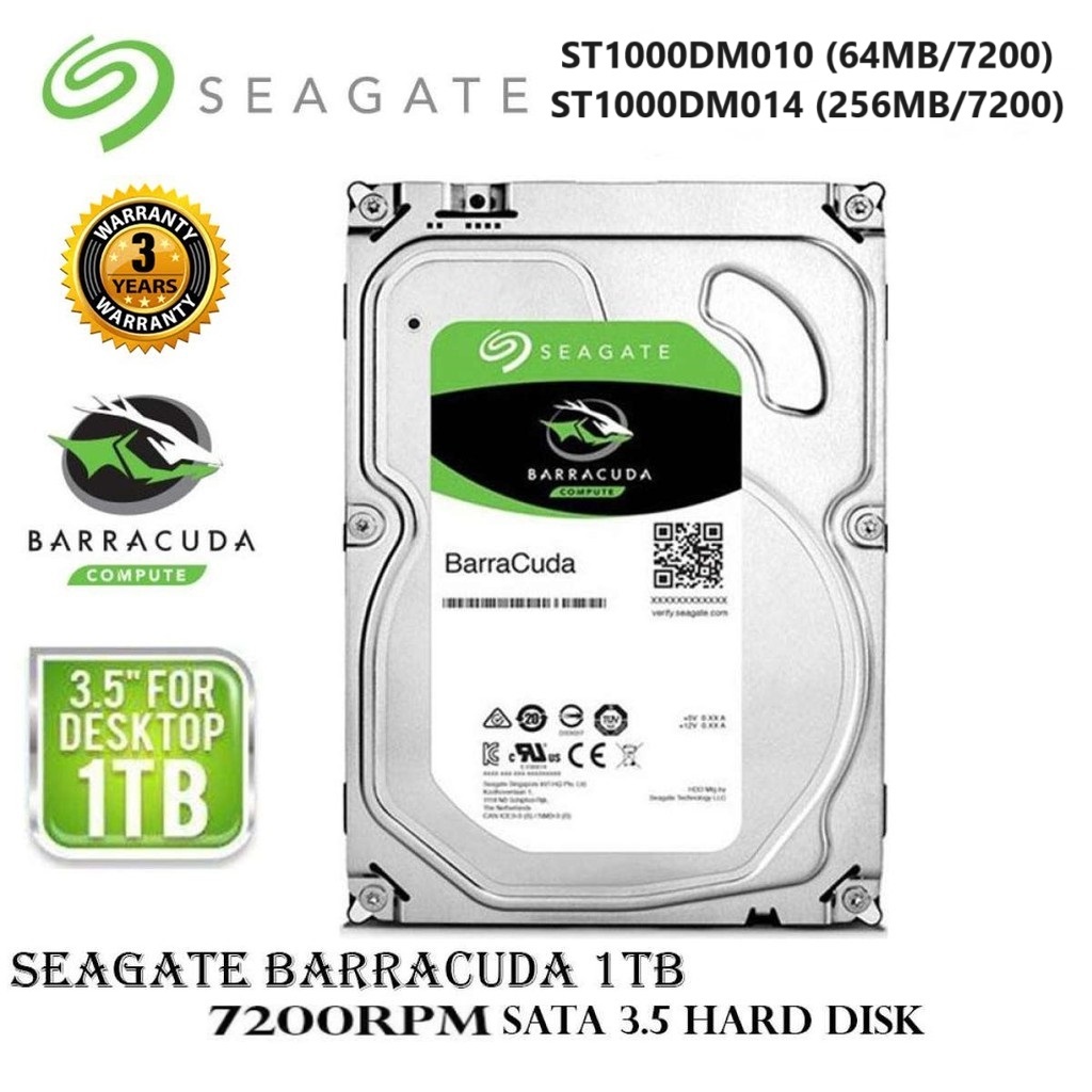 1 TB 3.5" HDD (ฮาร์ดดิสก์ 3.5") SEAGATE BARRACUDA 64/256MB/7200RPM SATA3 (ST1000DM014)( ST1000DM010) - รับประกัน 3 ปี