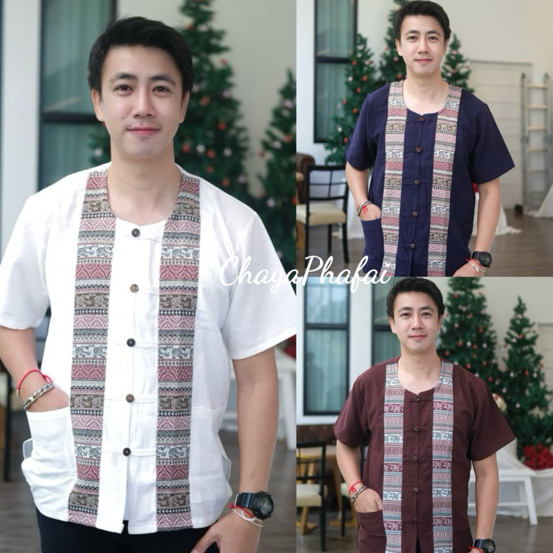 เสื้อผ้าฝ้ายคอกลมแขนสั้น กระดุมจีนแต่งเทปช้าง