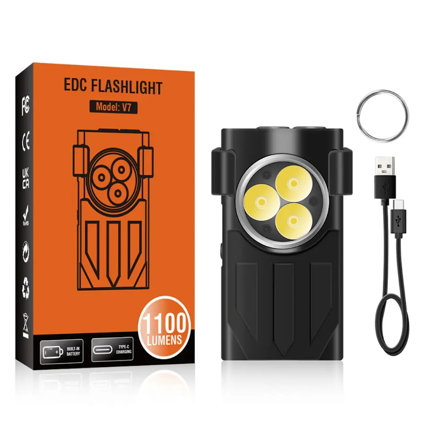 พร้อมส่ง V7 LED EDC พวงกุญแจไฟฉาย Type-C ชาร์จได้แบบพกพาทำงาน Mini ไฟฉาย UV กระเป๋าออกค่ายโคมไฟ