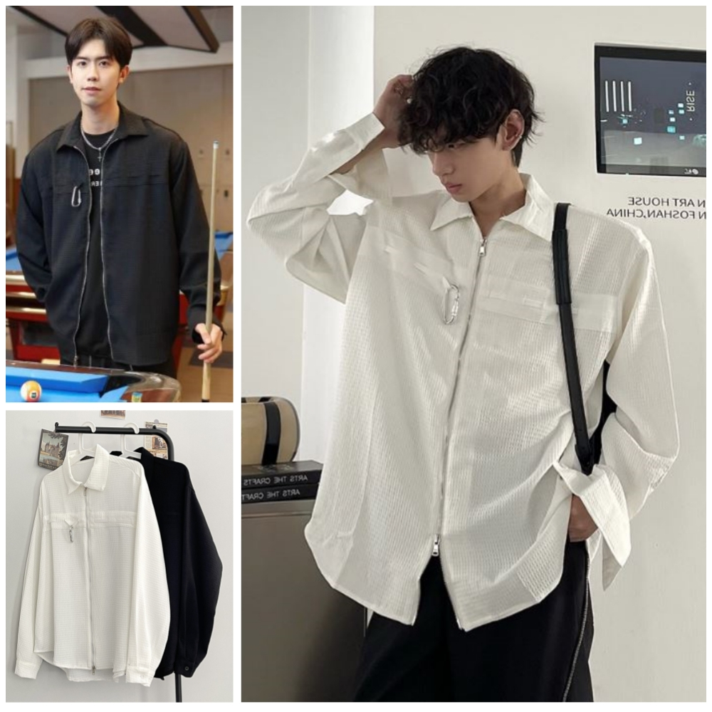 MCA33 เสื้อเชิ้ตคอปกสีพื้นแขนยาวมีซิปด้านหน้า (M-XXL) มีของพร้อมส่ง เนื้อผ้านุ่ม ใส่สบาย ไม่ร้อน