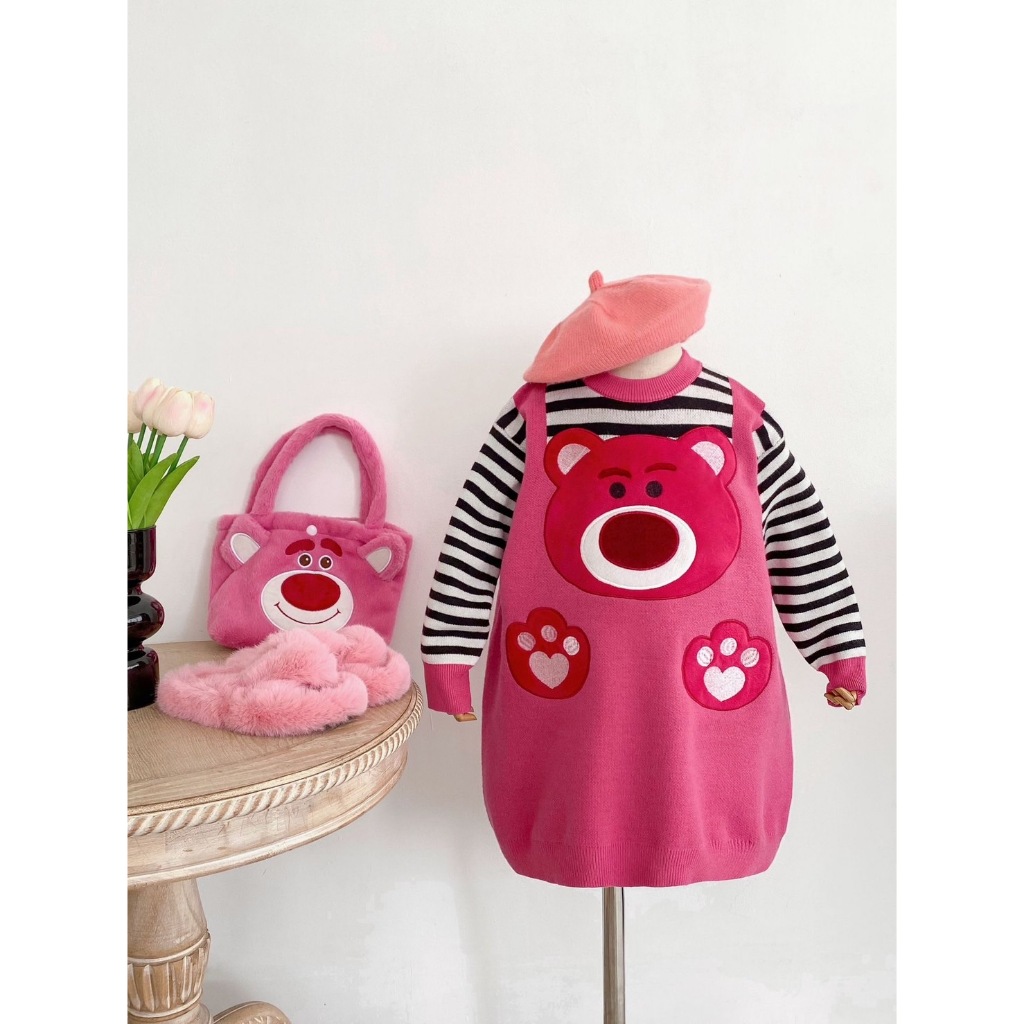 BB025 ชุดเดรสกระโปรง นิ่ม ลายทาง หมีสตรอเบอร์รี่ น่ารัก