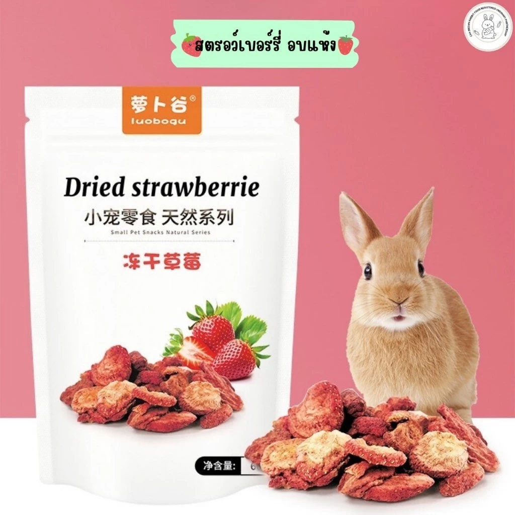 (Dried Strawberry สตรอเบอรี่อบแห้ง 60กรัม) ผลไม้อบแห้งขนมสำหรับสัตว์เลี้ยงขนาดเล็ก