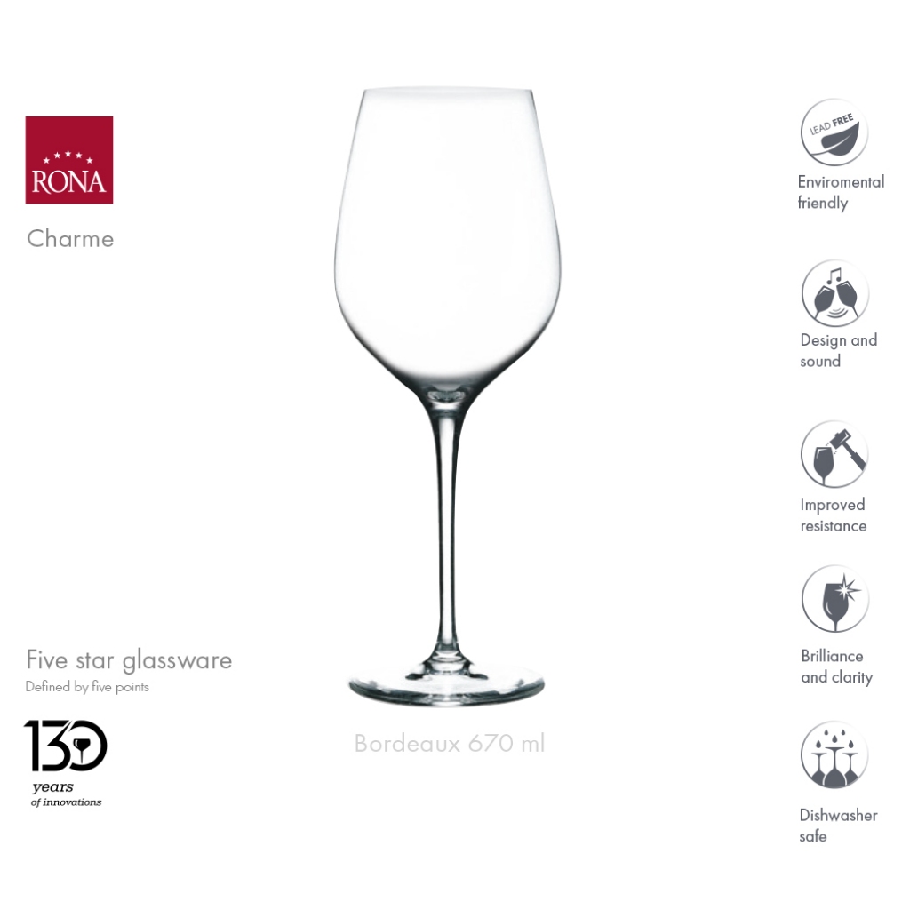 แก้วไวน์คริสตัล Rona Charme Bordeaux 670 ml