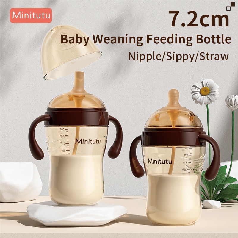 Minitutu 7.2 ซม. คอกว้าง PP/PPSU 300ML ขวดนมเด็กทนต่อการตกพร้อมที่จับปลอดสาร BPA