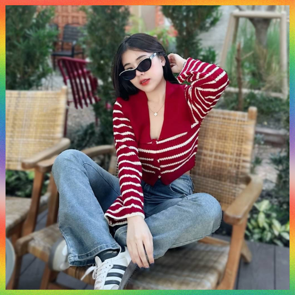 🌈MesubShop🌈เสื้อครอปแขนยาว ทรงคอปก กระดุมใช้งานได้จริง 🍩 ผ้าทอลายสลับสี เนื้อผ้านุ่มไม่หนา รุ่น เมืองเย็น