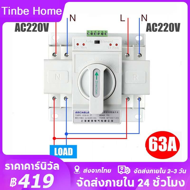 ATS Automatic Transfer Switch สวิตซ์สลับไฟ สลับไฟ แหล่งจ่าย อัตโนมัติ 2P 63A 230V MCB Type Dual Powe