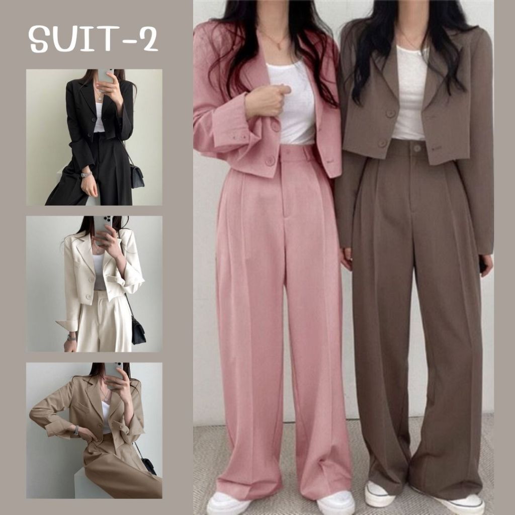 SUIT-2 ชุดเซ็ตสูท เสื้อสูทครอป แขนยาว กางเกงขายาว มีซับใน ผ้าคุณภาพดีสีสวย พร้อมส่ง