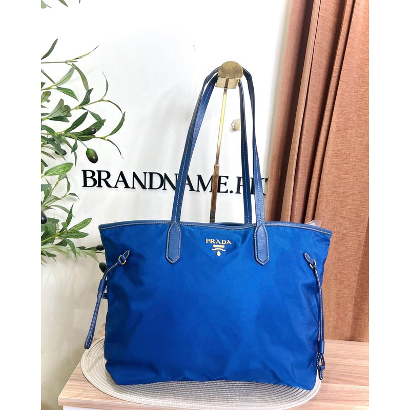 Prada Bleu Tessuto Nylon and Saffiano Leather Tote