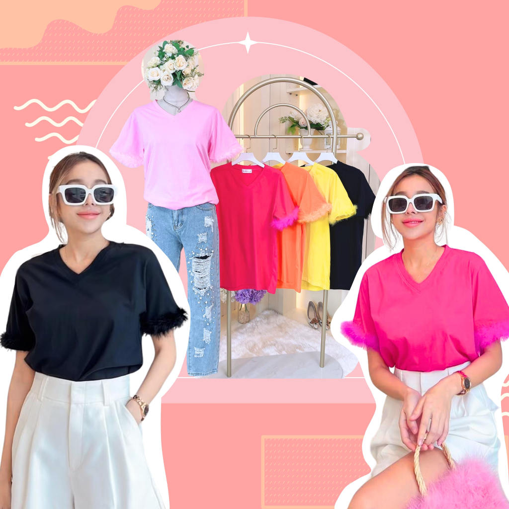 พร้อมส่ง ES1 เสื้อคอวีฟรีไซส์แต่งแขนขนมุ้งมิ้ง ผ้าคอลตอล100%