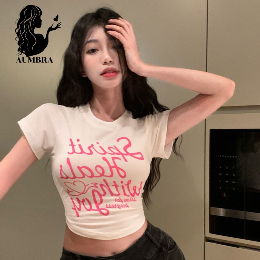 เสื้อคอกลมผู้หญิง แขนสั้นผู้หญิงพิมพ์ลาย เสื้อครอปวัยรุ่นสีหวาน งานสุดน่ารัก TS1120