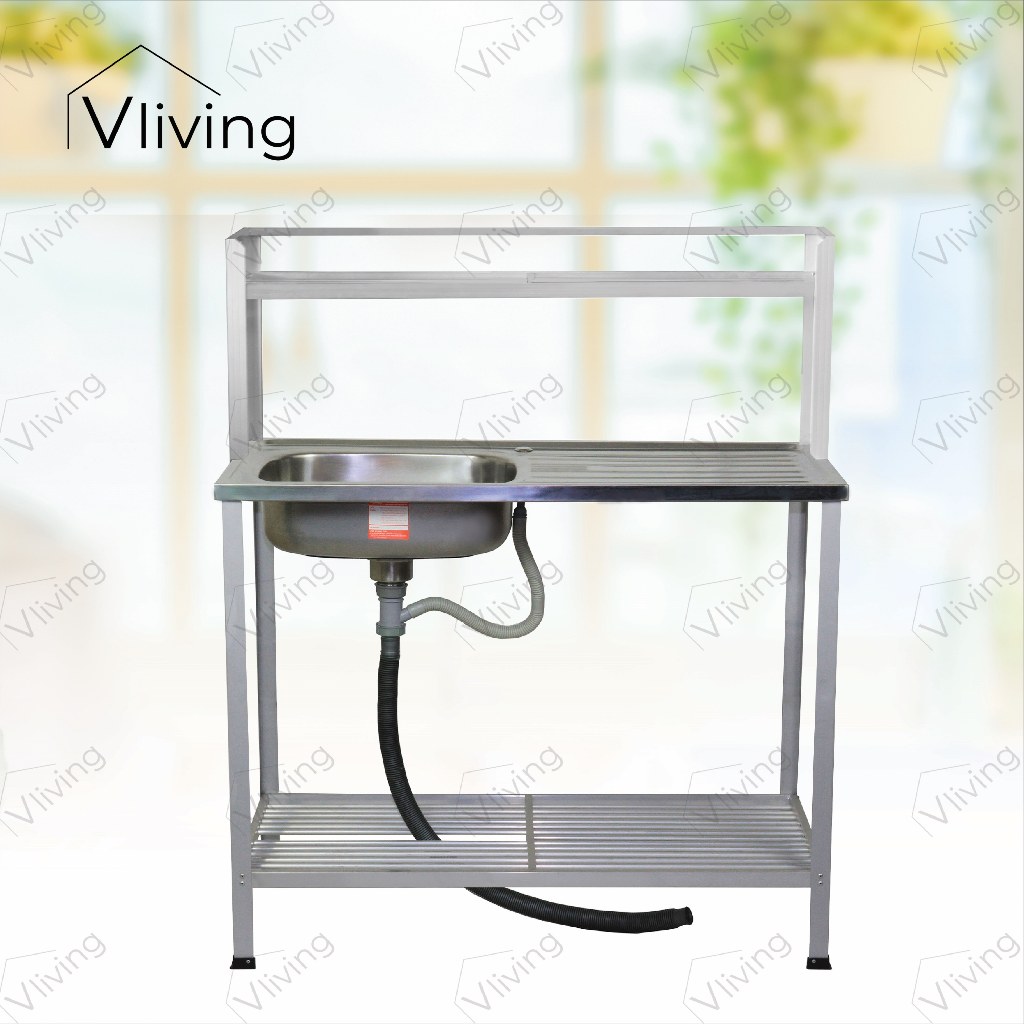 Vliving ซิ้งค์ล้างจาน อ่างล้างจาน สแตนเลส 2 ชั้น มีบน 100cm สะดือตะกร้าใหญ่