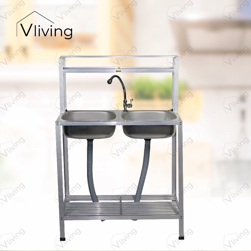 Vliving อ่างล้างจานอลูมิเนียม2หลุม 2ชั้น มีบน เจาะรู มีก๊อก