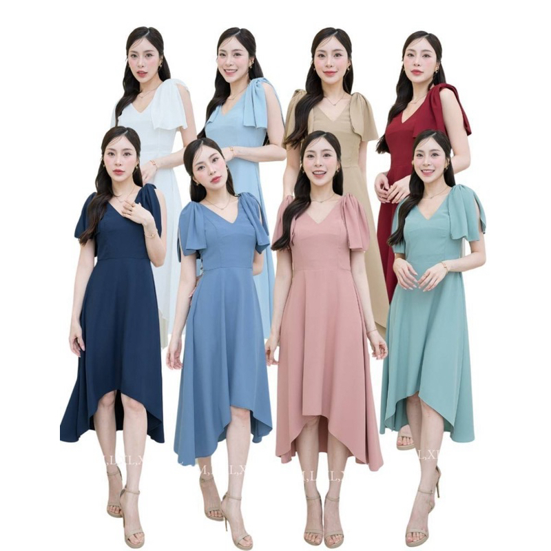 D330 ชุดเดรสสั้นไปงาน ชุดเดรสแต่งโบว์ไหล่ ชุดเดรสออกงาน