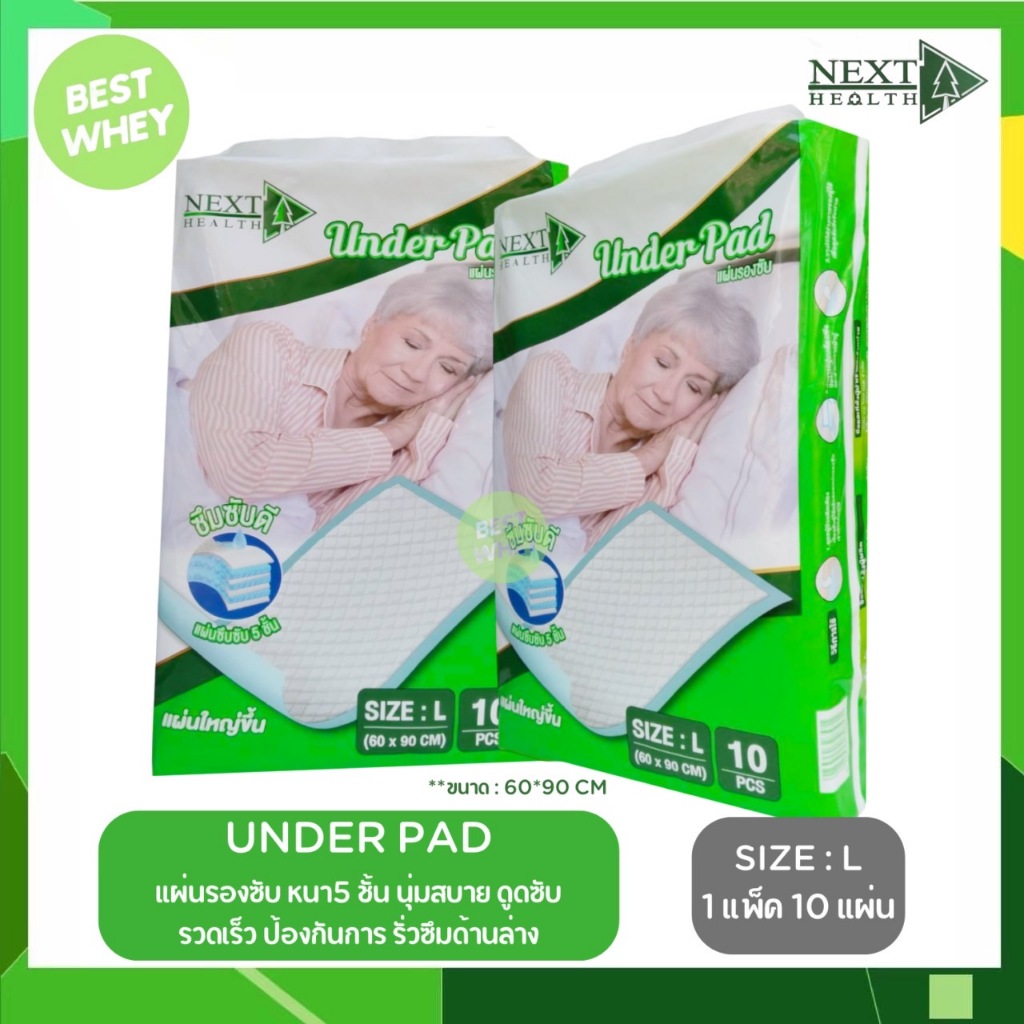 ( ราคาถูก) NEXT HEALTH Under Pad  แผ่นรองซับ  (1แพ็ค10แผ่น) รองรับน้ำได้ 500 ml.