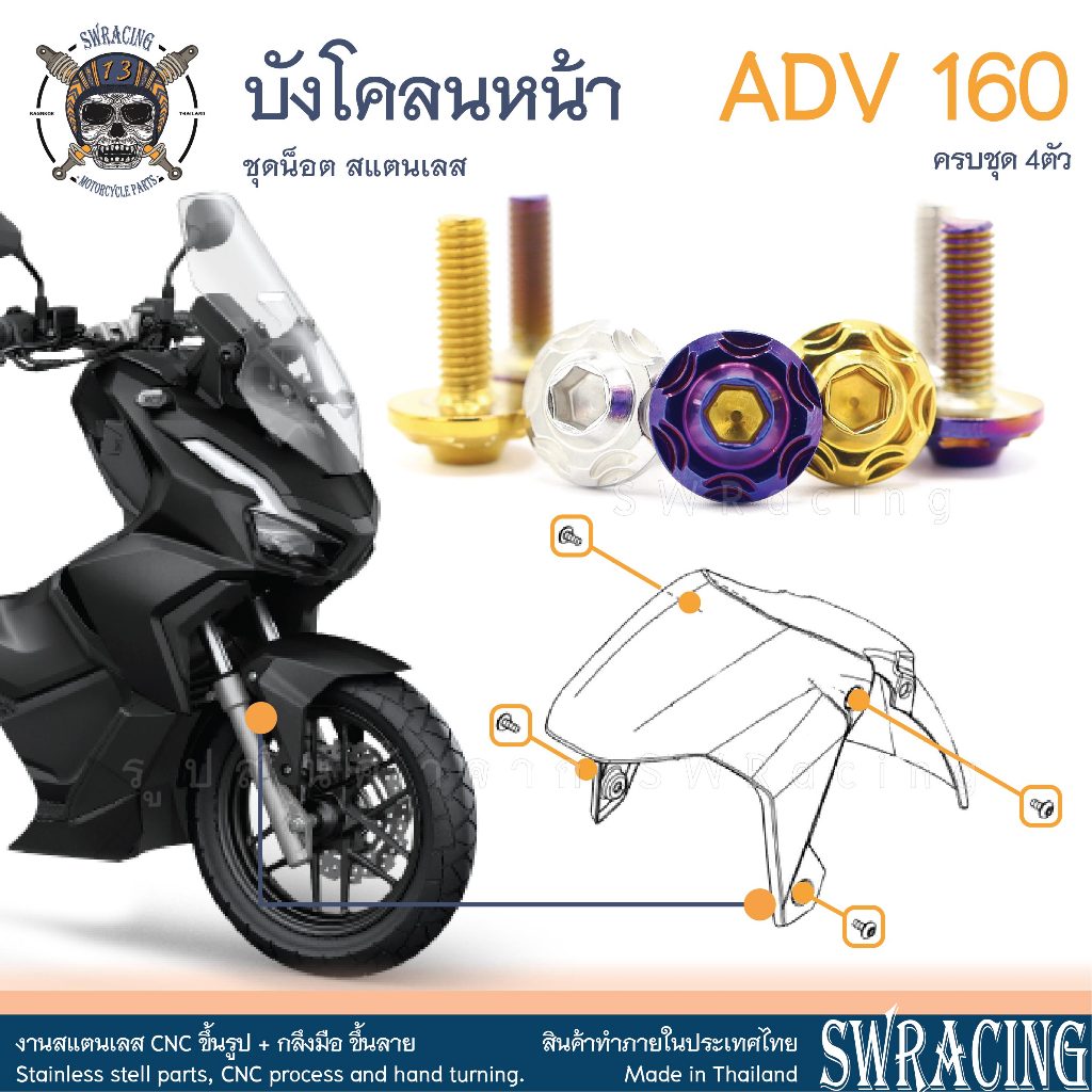 ADV160 น็อตเลส ยึดบังโคลนหน้า ครบชุด 4 ตัว น็อตสแตนเลส ราคาขายต่อ 1 ชุด งานเฮงสกรู