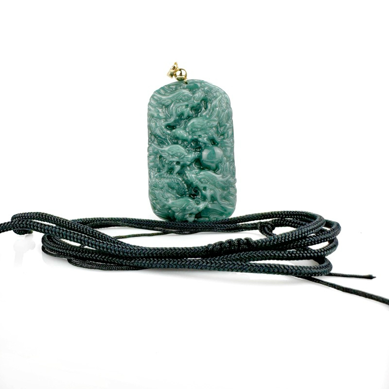 PDJA-9D-BL จี้หยกแกะลายมังกร จี้หยกมังกรเก้าตัว(9มังกร) หยกแท้ Jadeite A พร้อมเชือกร่มสำหรับร้อยขึ้นคอ