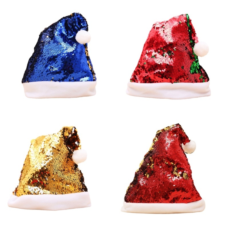 คริสต์มาส หมวกคริสมาสต์หมวกซานต้าผู้หญิงผู้ชาย กลิตเตอร์ สองสี Christmas hat, Santa hat for women and men, decorated