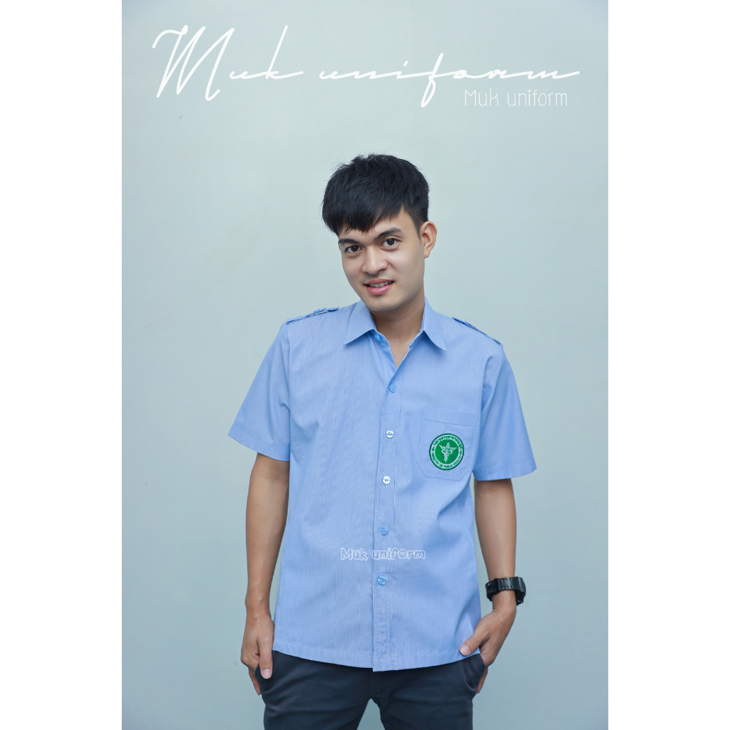 ( Live 11.30 - 13.00 น.ทุกวัน ) เสื้อกาวน์ คอปกซาฟารี ฟ้าริ้ว ฟ้าขาว  ตรากระทรวงสาธารณสุข มุกยูนิฟอร์ม