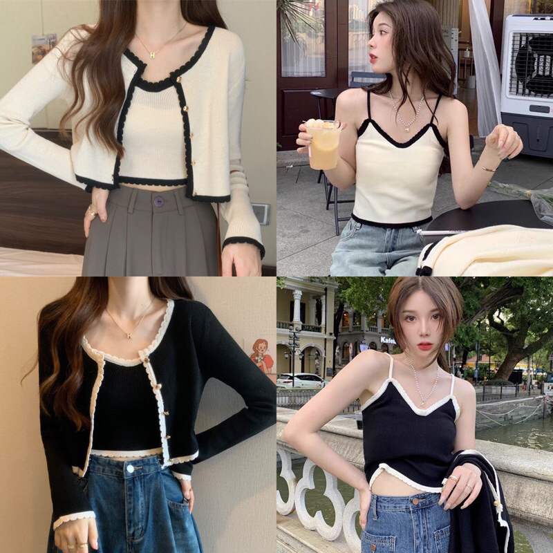 Lady_Sakura 39136/BB#เสื้อคลุมไหมพรม​เเขนยาวเช็ท2ชิ้น+เสื้อกล้าม กระดุม 5 เม็ด#เสื้อครอปเเขนยาวแต่งขอบ