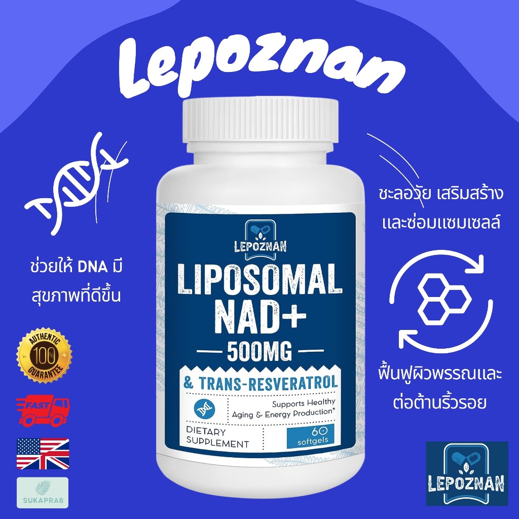 พร้อมส่ง Lepoznan Liposomal NAD+ 500 mg + Trans-Resveratrol 300 mg Nicotinamide Riboside 60 Softgels