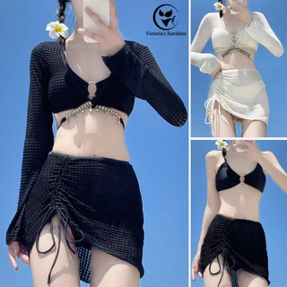 ไลฟ์สดลด50% บิกินี่ 3 ชิ้น+เสื้อกันแดด ชุดว่ายน้ำกระโปรง เซ็กซี่ ผ้าระบายอากาศได้ดี#0213