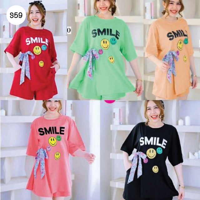 S59 ชุดเซ็ท แขนสั้น-ขาสั้น สกรีนลาย S M I L E ยิ้ม ติดโบว์ ผ่าข้าง