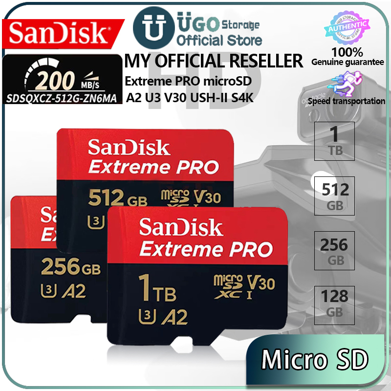 SanDisk Extreme Pro microSDXC 64GB 128GB 256GB 512GB A2 (SDSQXCD) ความเร็วสูงสุด อ่าน 200MB/s เขียน 140MB/s