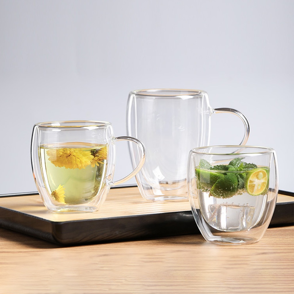 แก้วสองชั้น แก้วกาแฟ Double Wall Glass 5ขนาด 80/150/250/350/450ml ใส่ได้ทั้งน้ำเย็น น้ำร้อน แตกสามารถเคลมได้ Simple