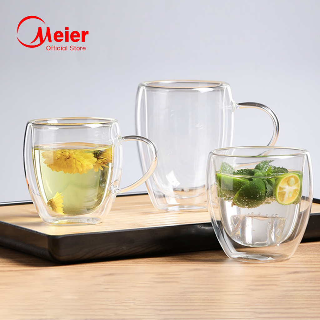 Meier แก้วน้ำสองชั้น แก้วกาแฟใส Double Wall Glas สามารถทนความร้อนเย็นได้  จับถนัดมือ เข้าไมโครเวฟได้