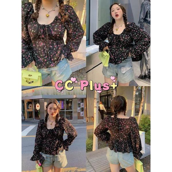 CiCi Plus+(3200)เสื้อเเขนยาวผ้าชีฟอง ใส่ปาดไหล่ได้ เชือกรูดปรับได้ แต่งซีทรูฉลุด้านหน้า ใส่สบาย สไตล์สาวพลัสไซส์